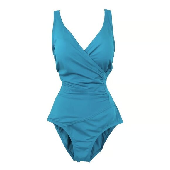 Jantzen Classics Women's Teal Ruched Hi-Cut V-Neck One-Piece Bathing Swimsuit - Picture 1 of 8
